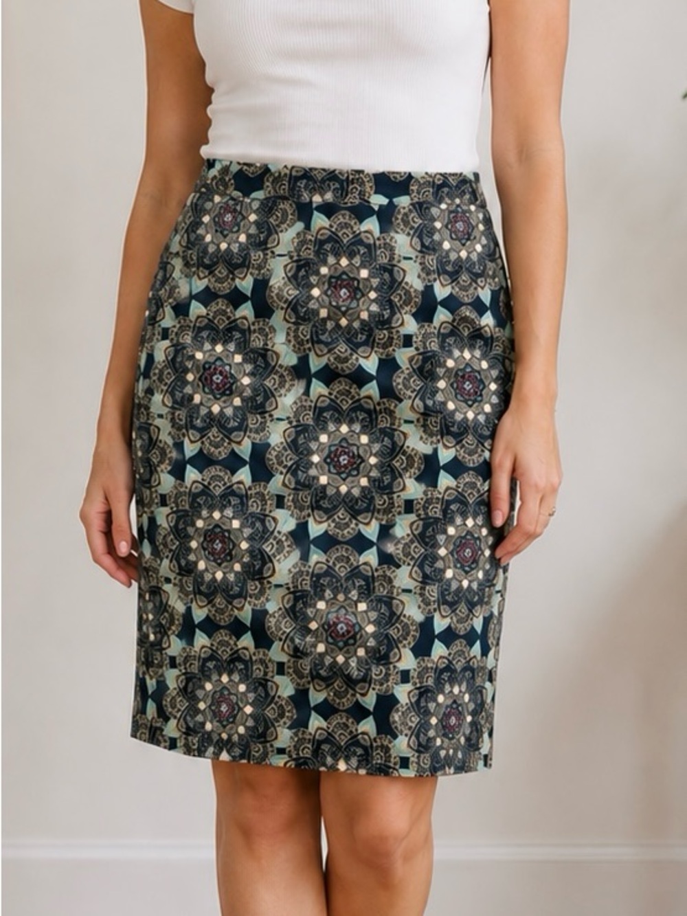 Van Heusen Navy and Teal Floral Medallion Pencil Skirt